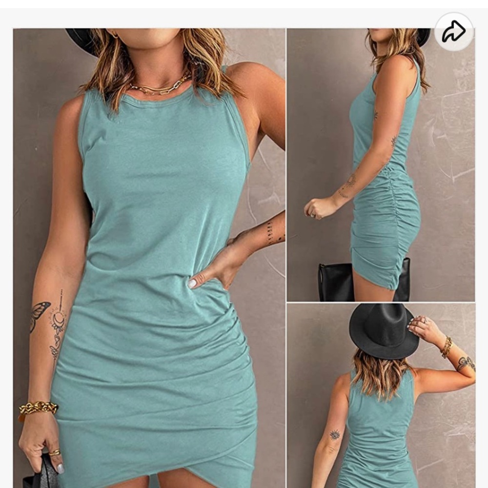 Sleeveless Tank Dress Crew Neck Slim Fit Short Casual Ruched Bodycon Mini Dress